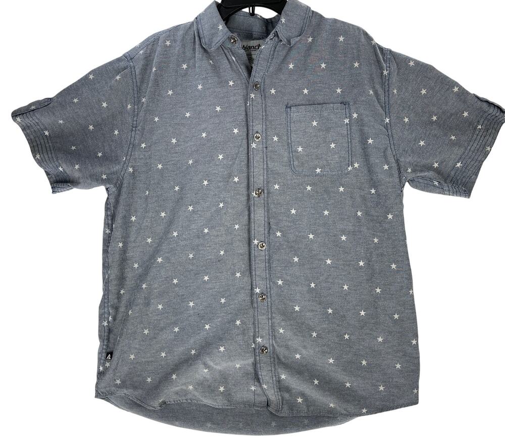 Ablanche Shirt Size L Blue All Over Print Stars Short Sleeves Cotton Button Up